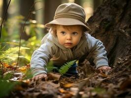 bezaubernd Baby erkunden das Natur ai generativ foto