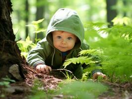 bezaubernd Baby erkunden das Natur ai generativ foto