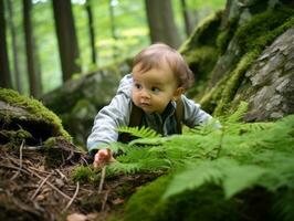 bezaubernd Baby erkunden das Natur ai generativ foto