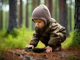 bezaubernd Baby erkunden das Natur ai generativ foto