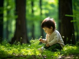 bezaubernd Baby erkunden das Natur ai generativ foto