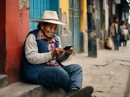 alt Frau von Kolumbien mit ein Smartphone zum online Kommunikation ai generativ foto