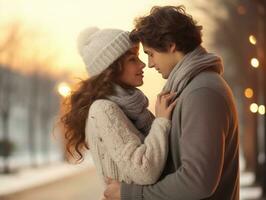 liebend Paar ist genießen ein romantisch Winter Tag ai generativ foto