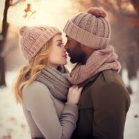 liebend Teenager interracial Paar ist genießen ein romantisch Winter Tag ai generativ foto