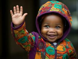 bezaubernd Baby mit beschwingt Kleidung im ein spielerisch Pose ai generativ foto