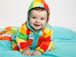 bezaubernd Baby mit beschwingt Kleidung im ein spielerisch Pose ai generativ foto