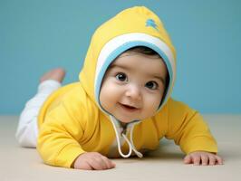 bezaubernd Baby mit beschwingt Kleidung im ein spielerisch Pose ai generativ foto