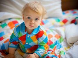 bezaubernd Baby mit beschwingt Kleidung im ein spielerisch Pose ai generativ foto