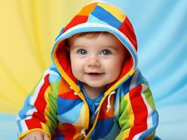 bezaubernd Baby mit beschwingt Kleidung im ein spielerisch Pose ai generativ foto