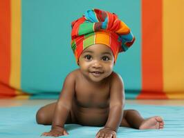 bezaubernd Baby mit beschwingt Kleidung im ein spielerisch Pose ai generativ foto