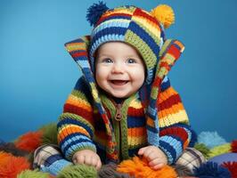 bezaubernd Baby mit beschwingt Kleidung im ein spielerisch Pose ai generativ foto