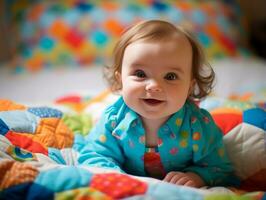 bezaubernd Baby mit beschwingt Kleidung im ein spielerisch Pose ai generativ foto