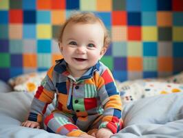 bezaubernd Baby mit beschwingt Kleidung im ein spielerisch Pose ai generativ foto