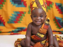 bezaubernd Baby mit beschwingt Kleidung im ein spielerisch Pose ai generativ foto