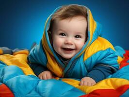 bezaubernd Baby mit beschwingt Kleidung im ein spielerisch Pose ai generativ foto