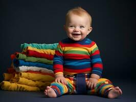 bezaubernd Baby mit beschwingt Kleidung im ein spielerisch Pose ai generativ foto