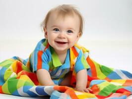 bezaubernd Baby mit beschwingt Kleidung im ein spielerisch Pose ai generativ foto