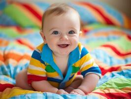 bezaubernd Baby mit beschwingt Kleidung im ein spielerisch Pose ai generativ foto