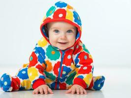 bezaubernd Baby mit beschwingt Kleidung im ein spielerisch Pose ai generativ foto