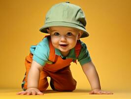 bezaubernd Baby mit beschwingt Kleidung im ein spielerisch Pose ai generativ foto