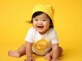 bezaubernd Baby mit beschwingt Kleidung im ein spielerisch Pose ai generativ foto