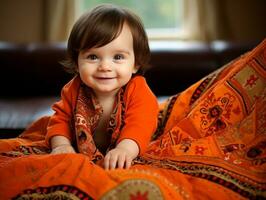 bezaubernd Baby mit beschwingt Kleidung im ein spielerisch Pose ai generativ foto