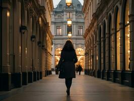 Frau genießt ein gemächlich gehen im das Herz von das Stadt ai generativ foto