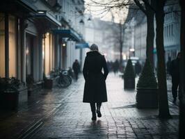 Frau genießt ein gemächlich gehen im das Herz von das Stadt ai generativ foto