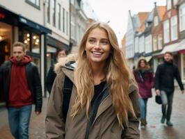 Frau genießt ein gemächlich gehen im das Herz von das Stadt ai generativ foto