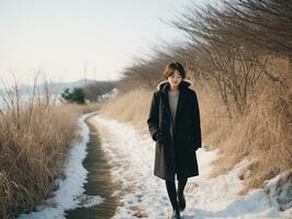 Frau genießt ein gemächlich gehen im das Winter Tag ai generativ foto