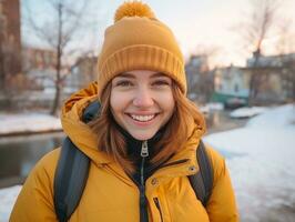 Frau genießt ein gemächlich gehen im das Winter Tag ai generativ foto