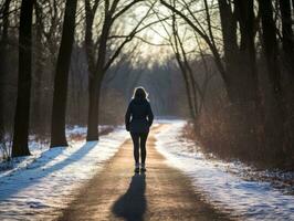 Frau genießt ein gemächlich gehen im das Winter Tag ai generativ foto