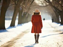 Frau genießt ein gemächlich gehen im das Winter Tag ai generativ foto