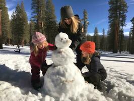 Kinder Gebäude ein Schneemann im Winter Tag ai generativ foto