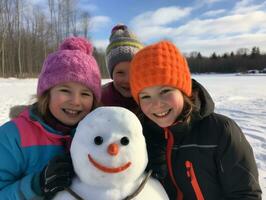 Kinder Gebäude ein Schneemann im Winter Tag ai generativ foto