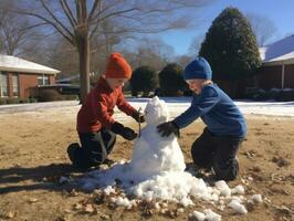 Kinder Gebäude ein Schneemann im Winter Tag ai generativ foto