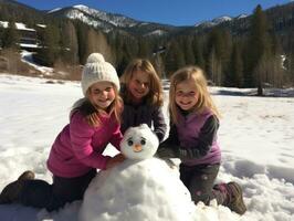 Kinder Gebäude ein Schneemann im Winter Tag ai generativ foto