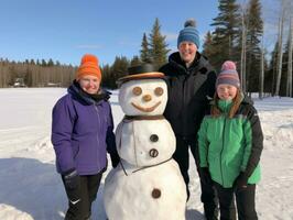 Kinder Gebäude ein Schneemann im Winter Tag ai generativ foto