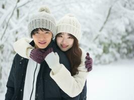 liebend asiatisch Paar ist genießen ein romantisch Winter Tag ai generativ foto