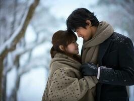 liebend asiatisch Paar ist genießen ein romantisch Winter Tag ai generativ foto