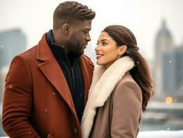 liebend interracial Paar ist genießen ein romantisch Winter Tag ai generativ foto