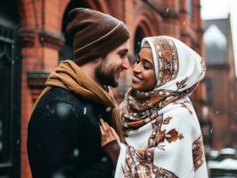 liebend interracial Paar ist genießen ein romantisch Winter Tag ai generativ foto