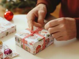 Mann Verpackung die Geschenke mit Urlaub thematisch Verpackung Papier ai generativ foto