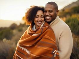 liebend afrikanisch amerikanisch Paar ist genießen ein romantisch Herbst Tag ai generativ foto