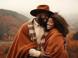 liebend afrikanisch amerikanisch Paar ist genießen ein romantisch Herbst Tag ai generativ foto