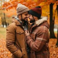 liebend homosexuell Paar ist genießen ein romantisch Herbst Tag ai generativ foto