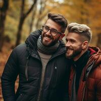 liebend homosexuell Paar ist genießen ein romantisch Herbst Tag ai generativ foto