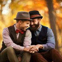 liebend homosexuell Paar ist genießen ein romantisch Herbst Tag ai generativ foto