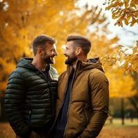 liebend homosexuell Paar ist genießen ein romantisch Herbst Tag ai generativ foto