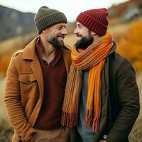 liebend homosexuell Paar ist genießen ein romantisch Herbst Tag ai generativ foto